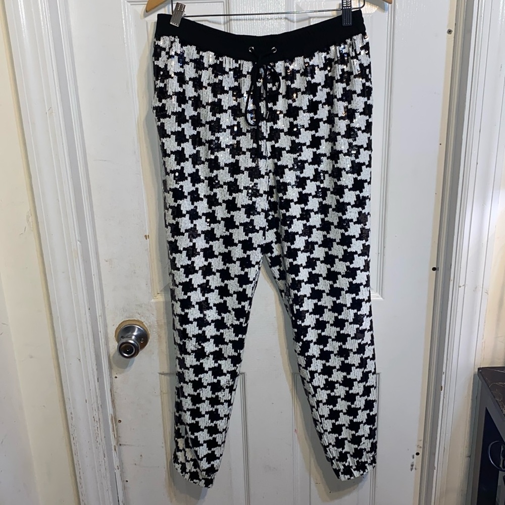 Michael Kors Black and White Houndstooth Sequin Jogger Pants Size 8